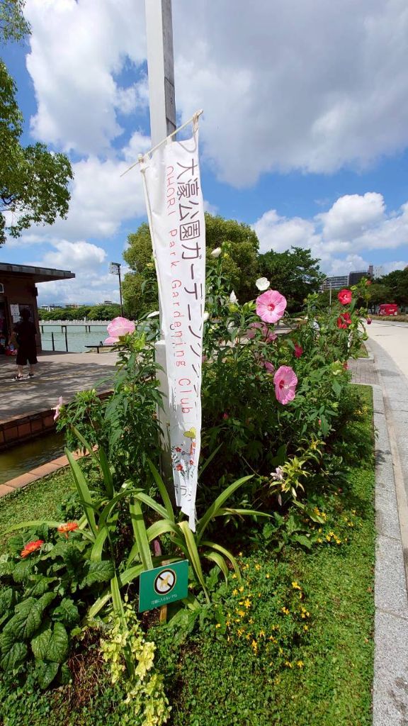 D花壇のタイタンビカスとクラブの旗